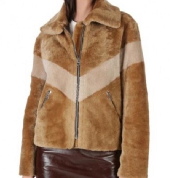 Cropped Brown Chevron-stripe Shearling Jacket - Picture 4 of 13